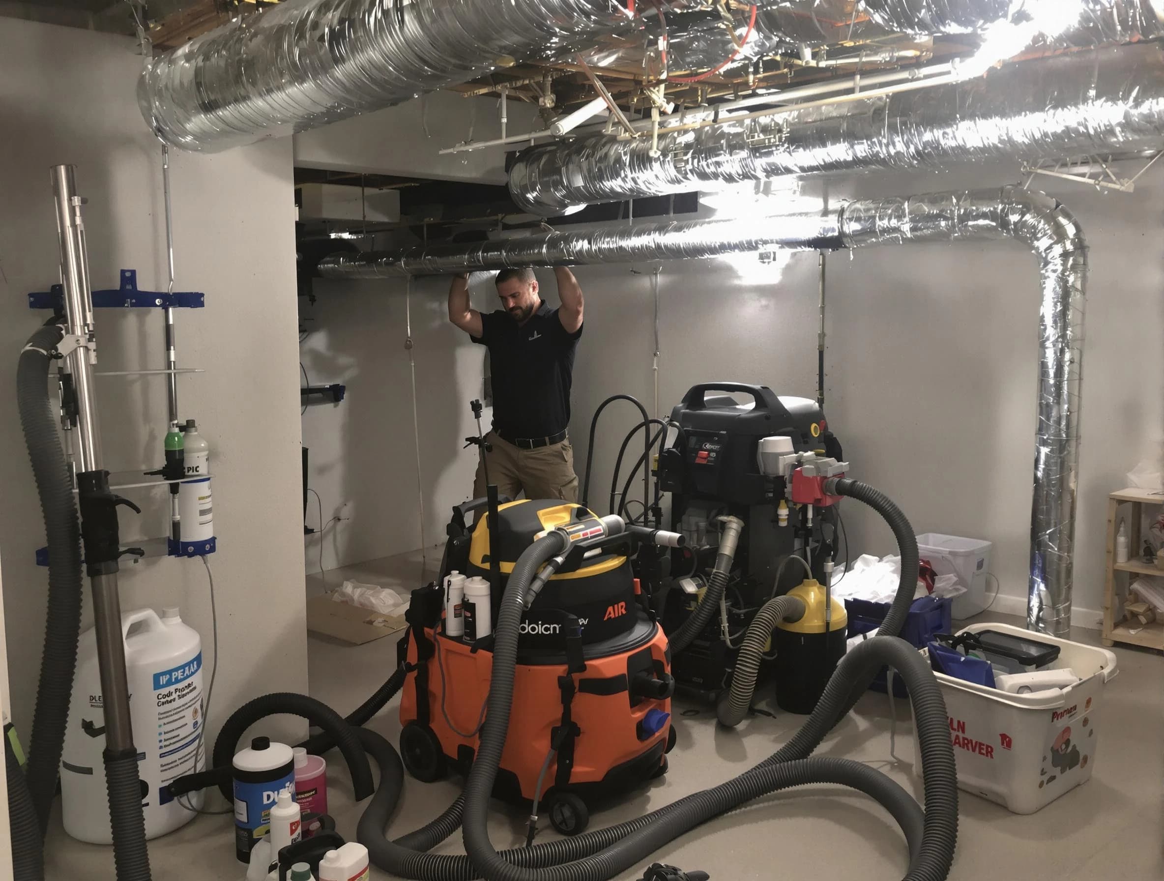 Arvada Air Duct Cleaning specialist performing professional mold removal from air ducts using safety equipment in Arvada